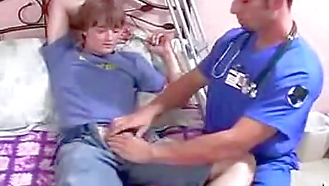 Handjob in medical uniform on a guy with a nice white hair