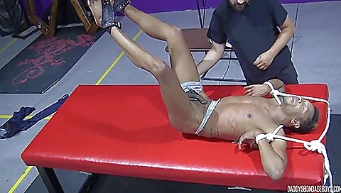 Busty tattooed dude with a tight ass is doing bondage