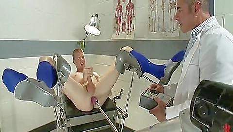 Blonde with small natural boobs fucked a toy and on the hard machine