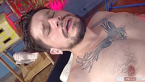 Busty brunette massages her pussy and gets a big cock