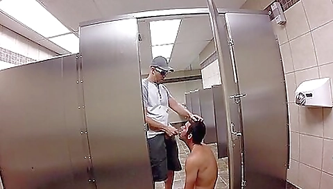 Pink bikini with a dildo peeping in the public restroom